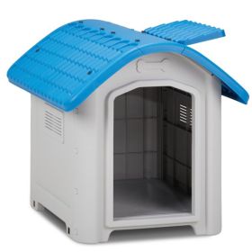 28 inch Raised Plastic Dog House, Outdoor Indoor Doghouse Pet House with Adjustable Sunroof and Elevated Base for Small Dogs, Blue & White